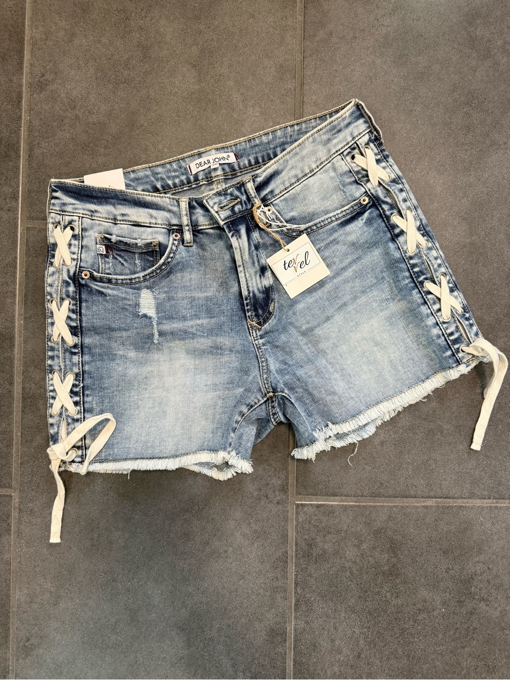 Dear John Washed Blue Denim Shorts with Cream Lace-Up Sides